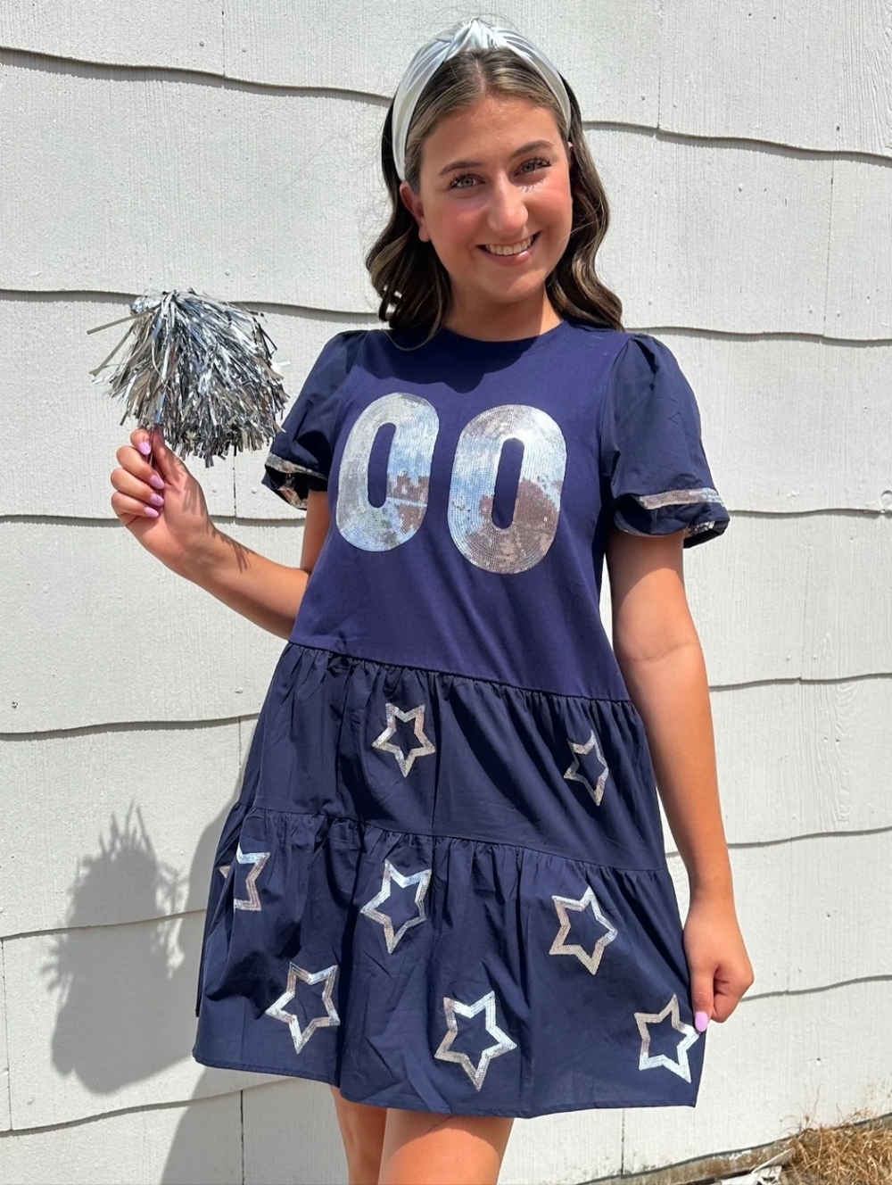 WHY Dress NWT Poplin Baby Doll Dress game Day Sequin Jersey In Navy/Silver Small